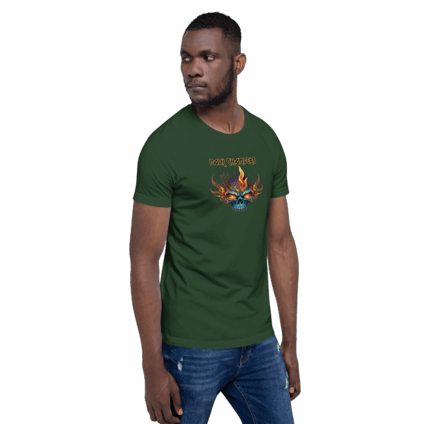 Man wearing forest green t-shirt with flaming skull graphic and “Paul Chambers” text, facing slightly right.