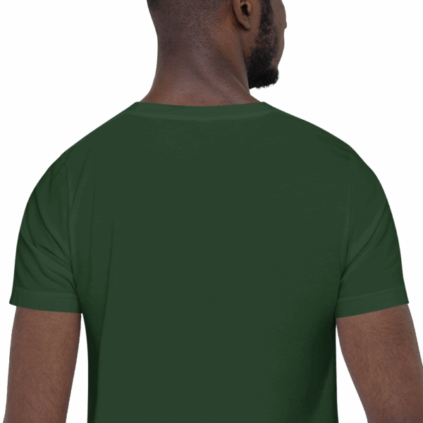 Back view of forest green t-shirt on a man with short hair, no visible design.