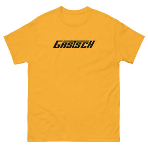 A yellow t-shirt with the “Grstsch” logo in a black, italicized font centered on the chest.