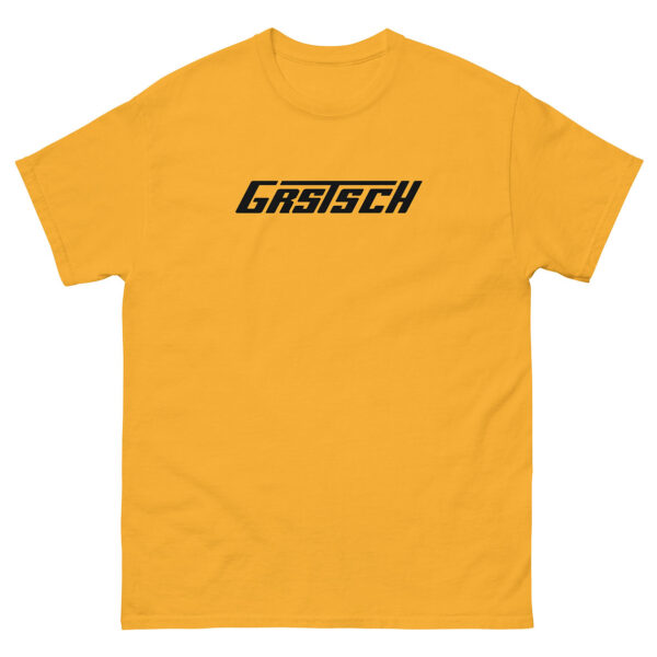 A yellow t-shirt with the “Grstsch” logo in a black, italicized font centered on the chest.