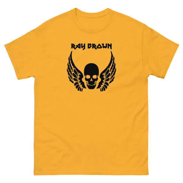 Golden yellow unisex tee, front view showcasing the "Ray Brown" skull-and-wings logo in black.