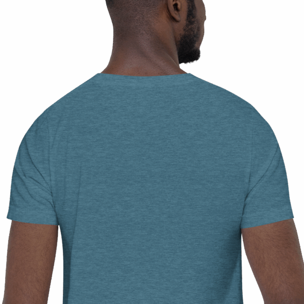 Heather teal t-shirt, back view showing plain fabric and back of shoulders; no visible design.
