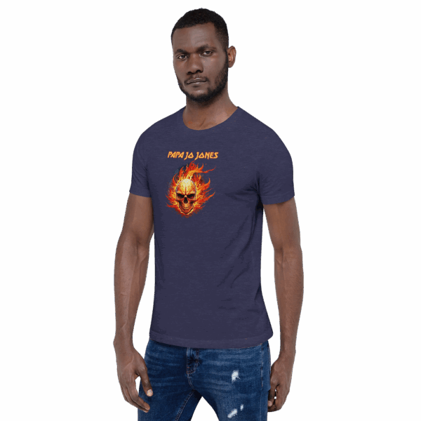 Heather navy t-shirt, angled front showing the full chest design with flaming skull; model turned slightly to the left.