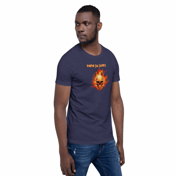 Heather navy t-shirt, side view with the same “PAPA JA JONES” and flaming skull design; model gazing to the side.