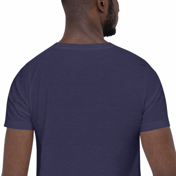 Heather navy t-shirt, back view showing plain dark heathered fabric; only the upper back of the model is visible.