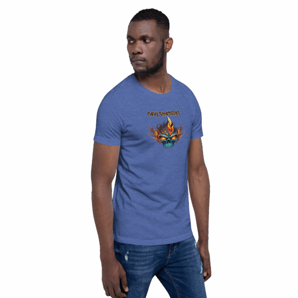Man wearing blue t-shirt with flaming skull graphic and “Paul Chambers” text, facing slightly right.