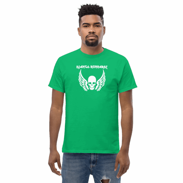 Front-facing Django Reinhardt t-shirt in kelly green, worn by model, featuring stylized white winged skull and angular logo text.