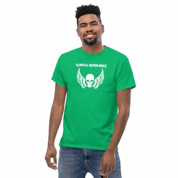 Three-quarter view of Django Reinhardt t-shirt in kelly green, worn by model, showing high-contrast white skull wings and band name.
