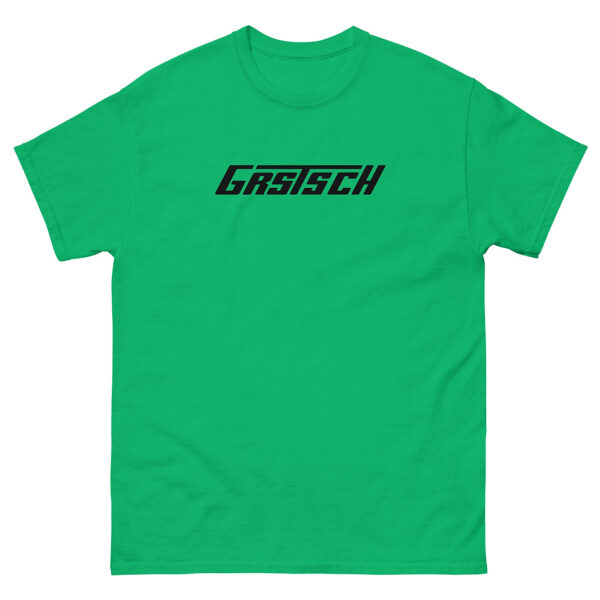 A green t-shirt featuring a black “Grstsch” logo in a sharp, modern font across the front.