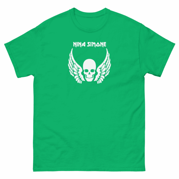 Bright green t-shirt displaying a bold white skull-and-wings graphic with "Nina Simone" text above, centered on the chest.