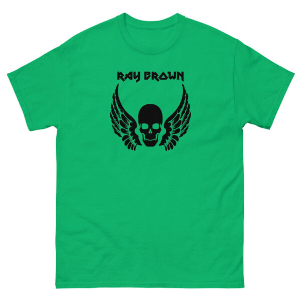 Bright green unisex tee, front view presenting the same black skull and wings with "Ray Brown".