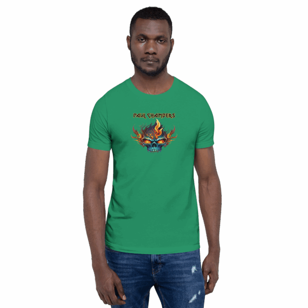 Man wearing green t-shirt with flaming skull graphic and “Paul Chambers” text, facing forward.