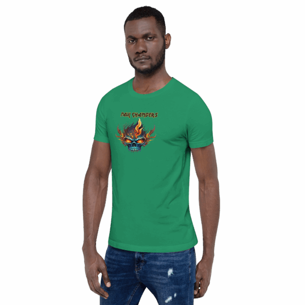 Man wearing green t-shirt with flaming skull graphic and “Paul Chambers” text, facing slightly right.