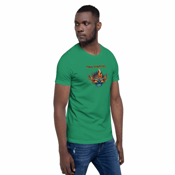 Man in a bright green t-shirt with a centered flaming skull graphic and “PAUL CHAMBERS” text, looking to his left with a serious expression.