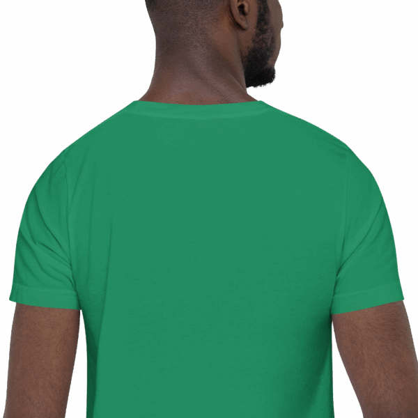 Back view of a man wearing a kelly green t-shirt, showing the neckline and sleeve stitching clearly.