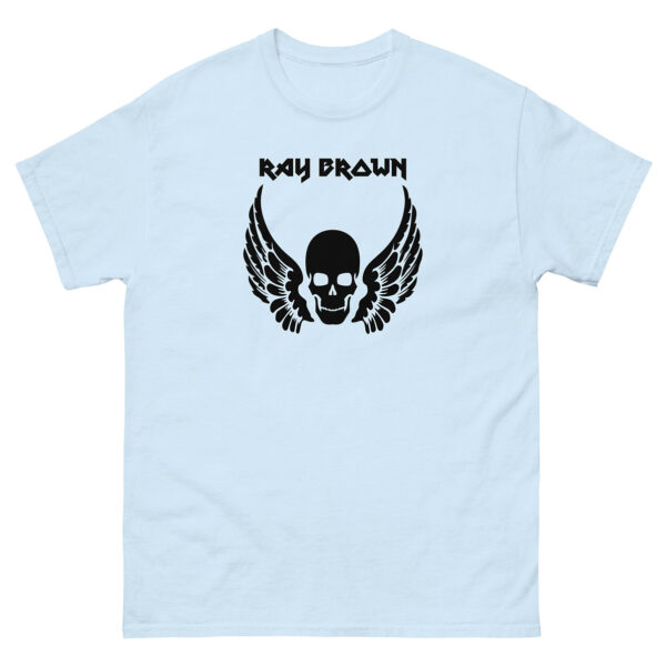 Light blue unisex tee, front view with the black "Ray Brown" winged skull centered on the chest.