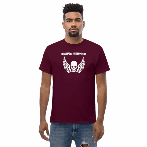 Front-facing Django Reinhardt t-shirt in maroon, worn by model, with white skull and wing emblem and spiked type.
