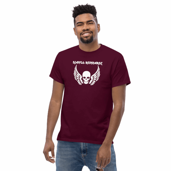 Three-quarter view of Django Reinhardt t-shirt in maroon, worn by model, featuring a white winged skull design and bold name.
