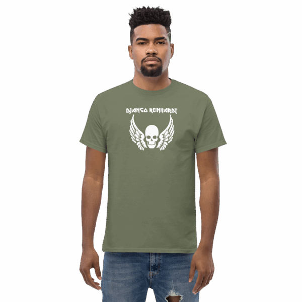 Front-facing Django Reinhardt t-shirt in army green, worn by model, with centered winged skull and white gothic text.