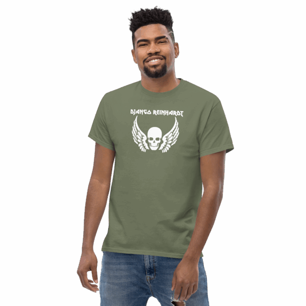 Three-quarter view of Django Reinhardt t-shirt in army green, worn by model, showing white winged skull graphic and sharp lettering.