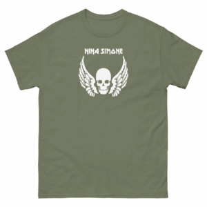 Olive green t-shirt with a centered white skull and wing graphic and "Nina Simone" in gothic-style font.