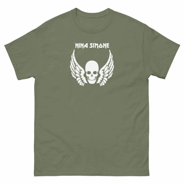 Olive green t-shirt with a centered white skull and wing graphic and "Nina Simone" in gothic-style font.