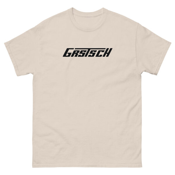 A cream colored t-shirt featuring a black “Grstsch” logo in a sharp, modern font across the front.