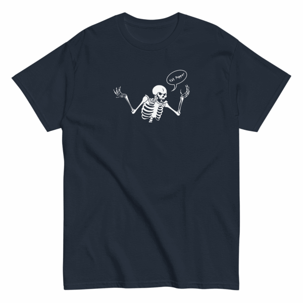 Unisex navy blue t-shirt with white skeleton graphic raising both hands and a speech bubble that says Cat Popper