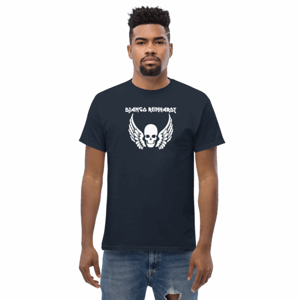 Person wearing a navy blue "Django Reinhardt" t-shirt featuring a white winged skull graphic centered on the chest.