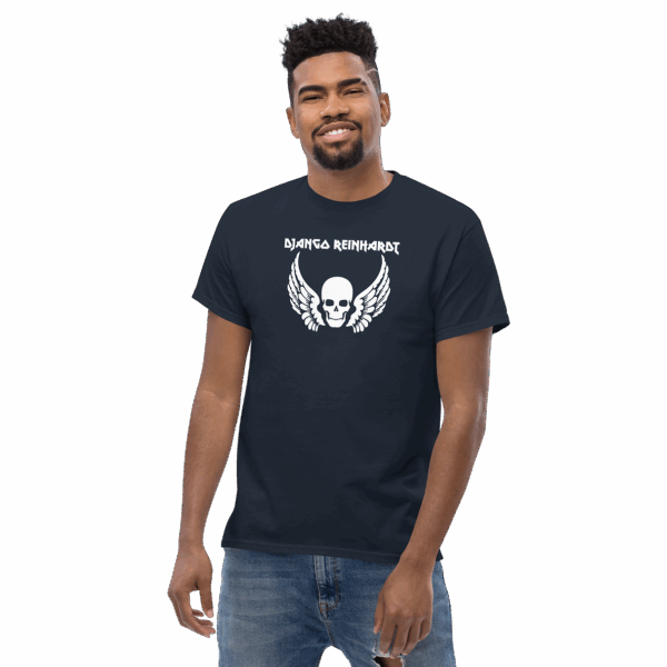 Model wearing a navy t-shirt with a white “Django Reinhardt” skull and wings graphic, smiling.