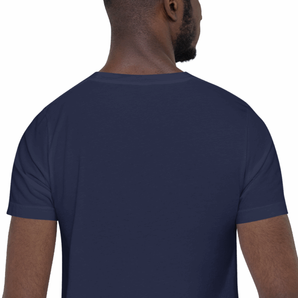 Back view of a man wearing a navy blue crew neck t-shirt with plain fabric and no visible graphics.