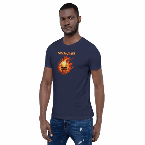 Navy blue T-shirt worn by a male model in a relaxed stance, with "PAPA JA JONES" above a fiery skull illustration centered on the chest.