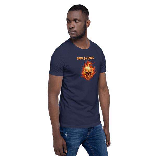 Navy blue T-shirt worn by a male model angled left, showing the flaming skull design and "PAPA JA JONES" text on the front.