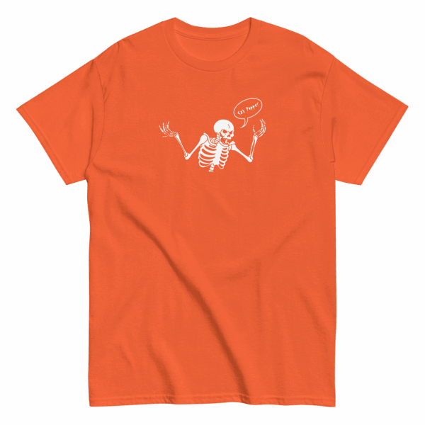 Unisex orange t-shirt with white skeleton graphic raising both hands and a speech bubble that says Cat Popper