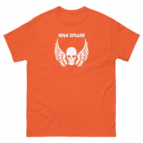 Orange t-shirt featuring a white skull and wings graphic with "Nina Simone" above in angular, uppercase letters.