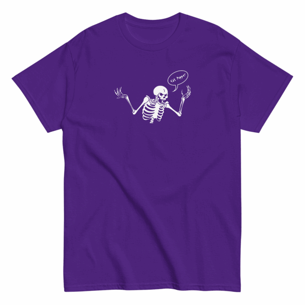 Unisex purple t-shirt with white skeleton graphic raising both hands and a speech bubble that says Cat Popper