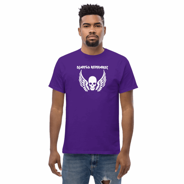 Model wearing a purple t-shirt with a white “Django Reinhardt” skull and wings graphic, facing forward.