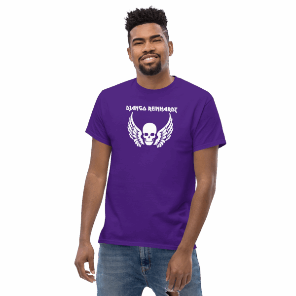 Model wearing a purple t-shirt with a white “Django Reinhardt” skull and wings graphic, smiling.