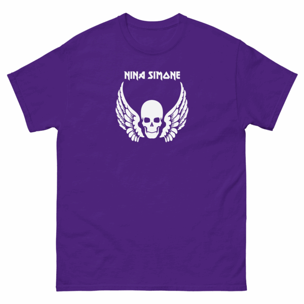 Purple t-shirt with a white-winged skull graphic and "Nina Simone" text centered on the chest in a bold stylized font.