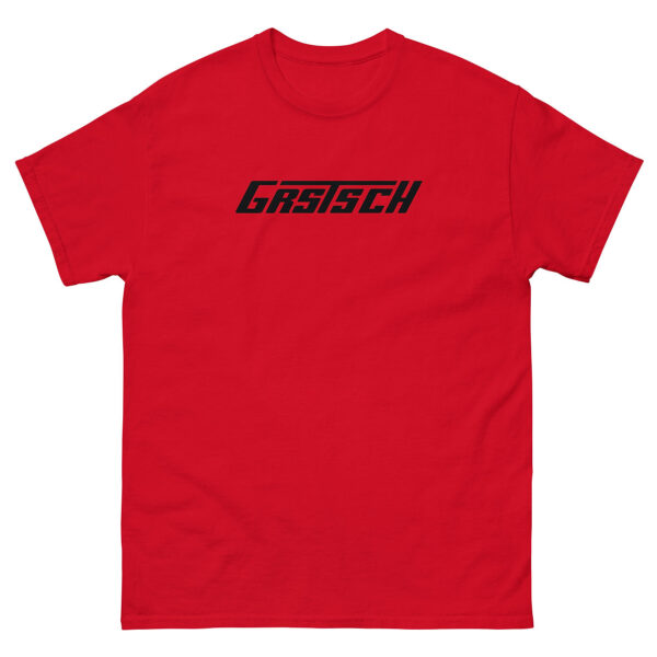 A bright red t-shirt displaying the “Grstsch” logo in black, positioned prominently across the front.