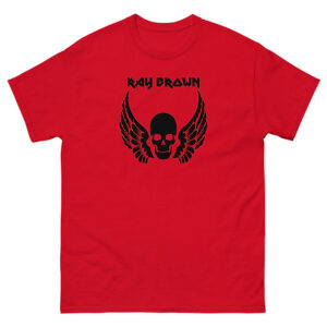Red unisex tee, front view with high-contrast black winged skull and "Ray Brown" typography.