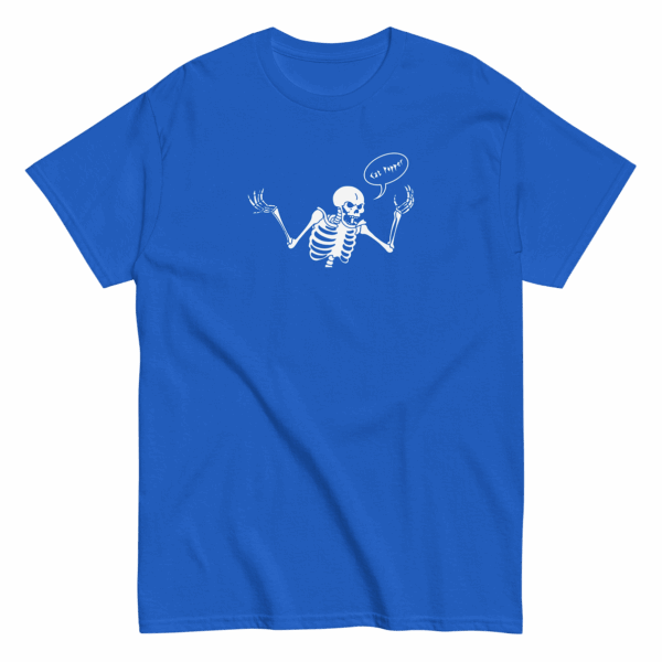 Unisex royal blue t-shirt with white skeleton graphic raising both hands and a speech bubble that says Cat Popper