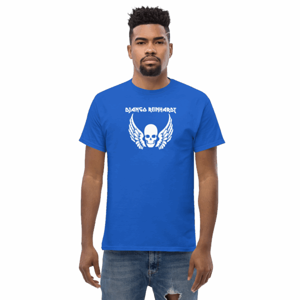 Model wearing a blue t-shirt with a white “Django Reinhardt” skull and wings graphic, facing forward.