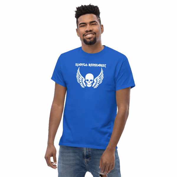 Model wearing a blue t-shirt with a white “Django Reinhardt” skull and wings graphic, smiling.