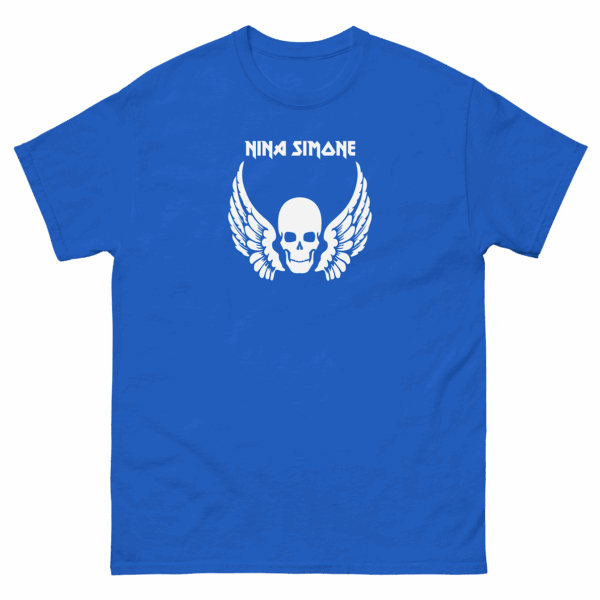 Royal blue t-shirt with a white-winged skull graphic and "Nina Simone" text in a sharp-edged typeface, centered on the chest.