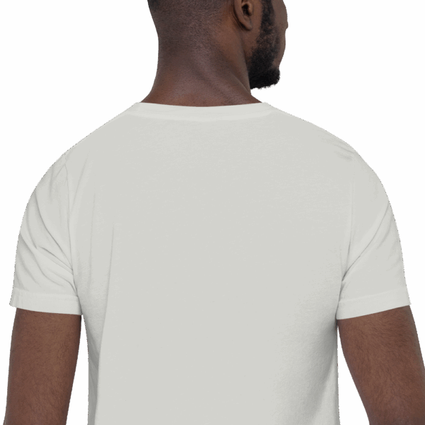 Close-up of the back view of a white t-shirt worn by a man, showing the fit and collar seam.