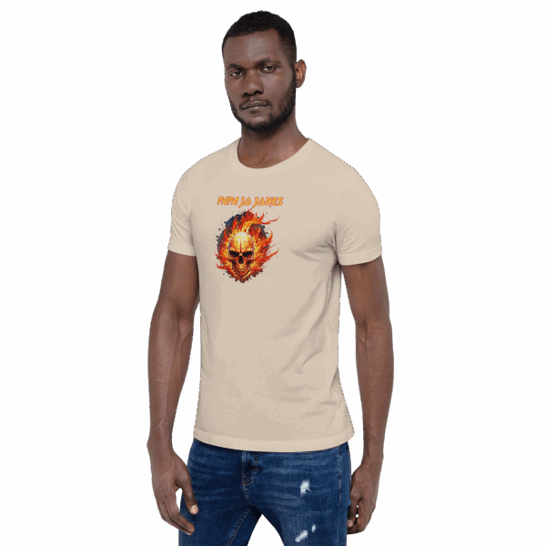Cream-colored T-shirt worn by a male model angled to the side, with "PAPA JA JONES" in orange above a flaming skull graphic on the front.