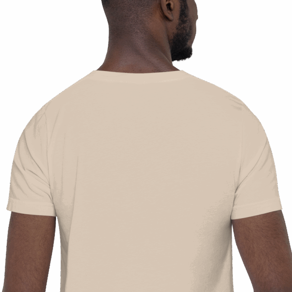 Back view of a cream-colored T-shirt worn by a male model, plain with no visible design or text.