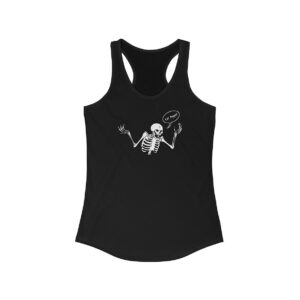 Black racerback tank top with white skeleton illustration and the words Cat Popper in a speech bubble