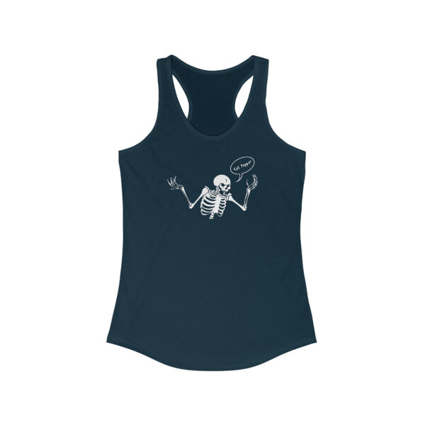 Navy racerback tank top with white skeleton illustration and the words Cat Popper in a speech bubble